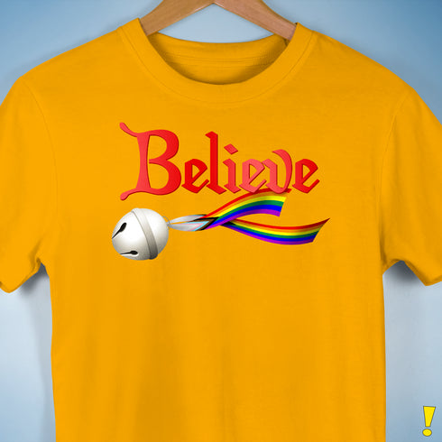 Believe Progress Pride LGBTQ Jingle Bell Premium Unisex T-Shirt - Gold